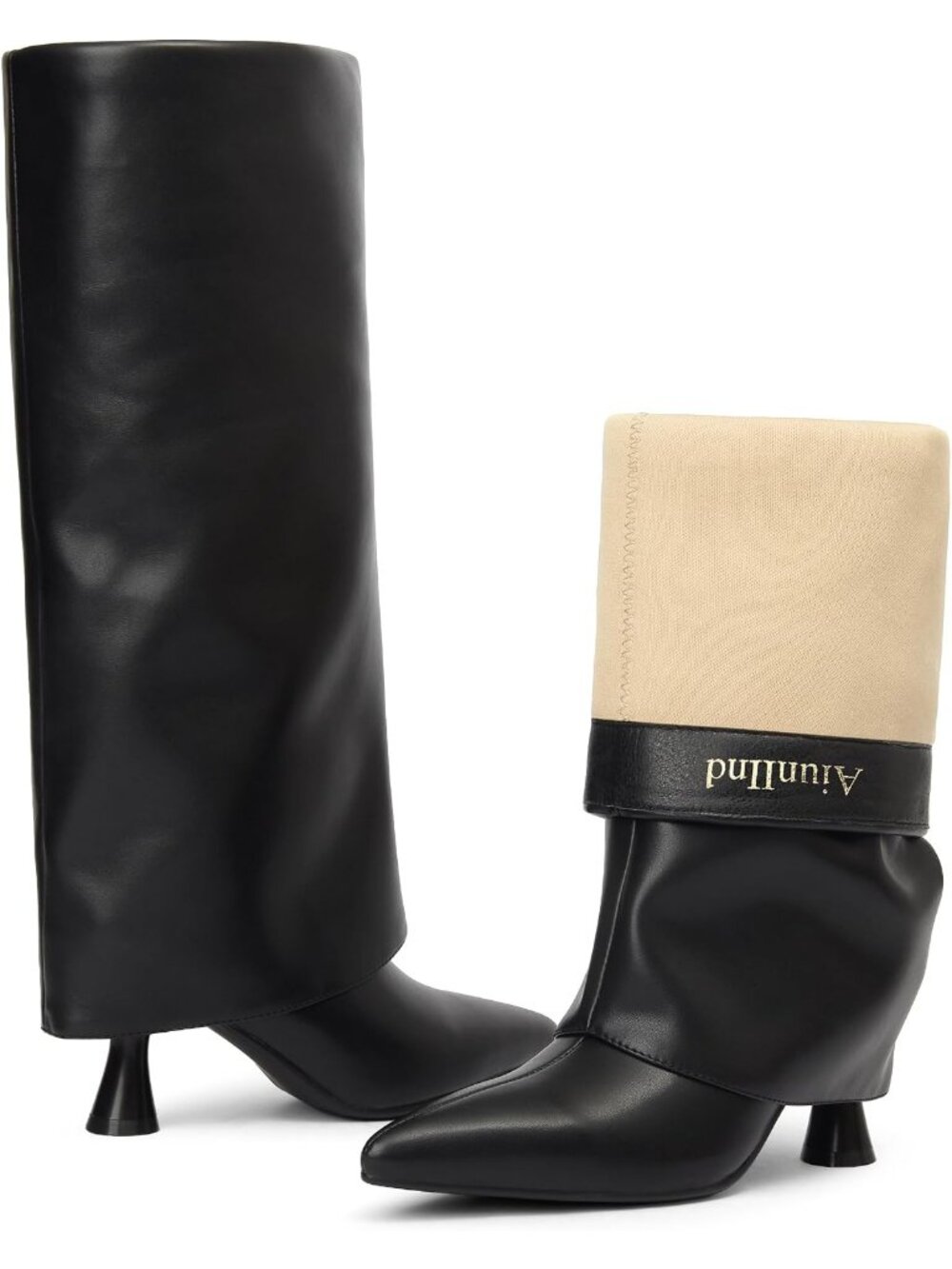 Women's Black Comfortable 2.7 inch Low Kitten Heel Pointed Toe Knee High Boots - Picture 5 of 6